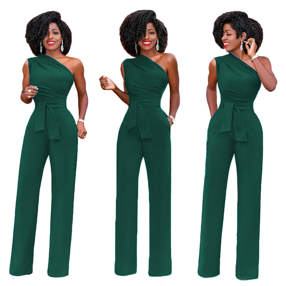 Solid color slant collar button up Jumpsuit