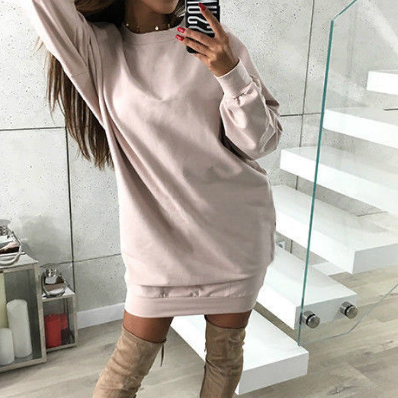 Solid color mid-length sweater dress