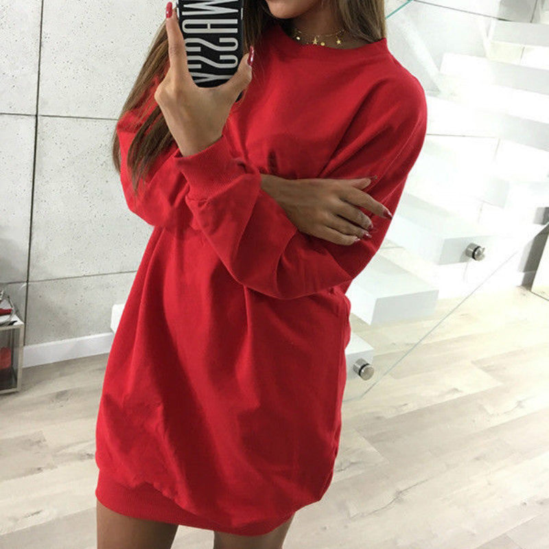 Solid color mid-length sweater dress