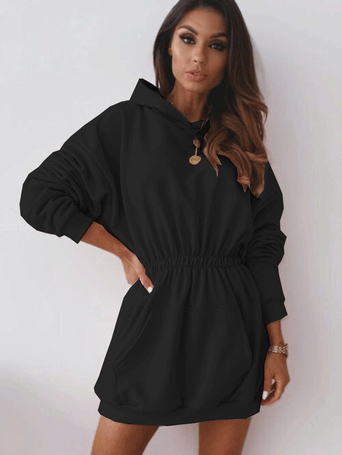 Hooded loose mid-length sweater dress