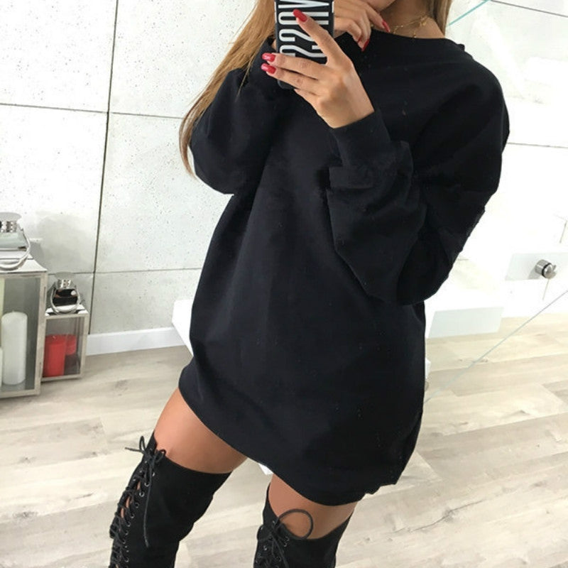 Solid color mid-length sweater dress