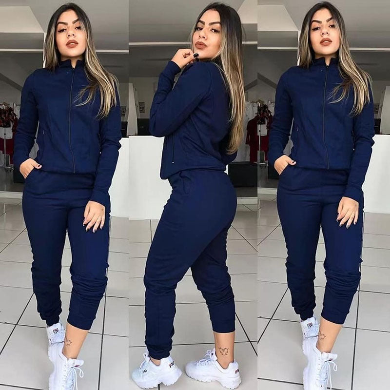 Women's Solid Color Long Sleeve Sweat Suit Motion Twinset Two Piece Fitness Suit