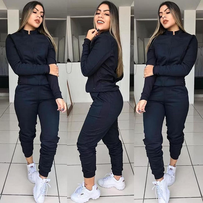 Women's Solid Color Long Sleeve Sweat Suit Motion Twinset Two Piece Fitness Suit