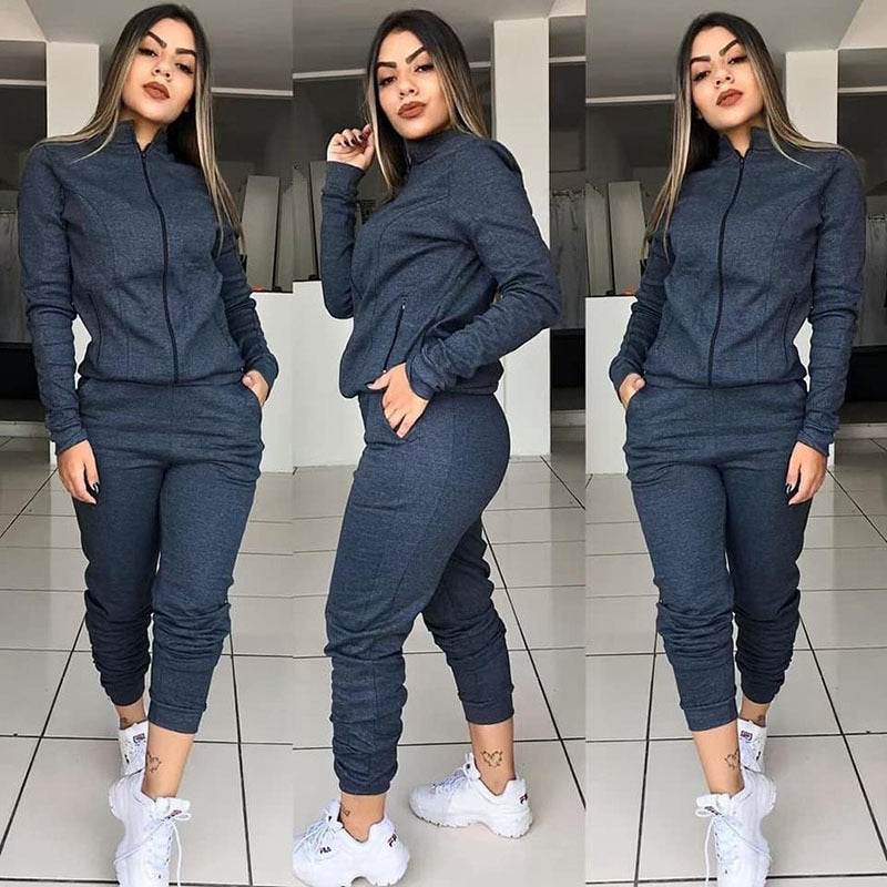 Women's Solid Color Long Sleeve Sweat Suit Motion Twinset Two Piece Fitness Suit