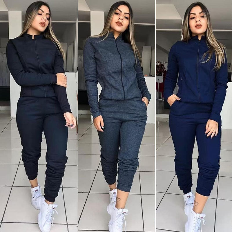 Women's Solid Color Long Sleeve Sweat Suit Motion Twinset Two Piece Fitness Suit