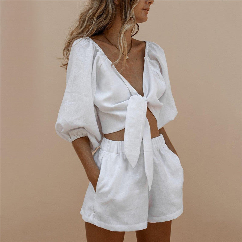 Sleeve Tops Shorts Elastic Waist Wide Leg Short Suit Sets