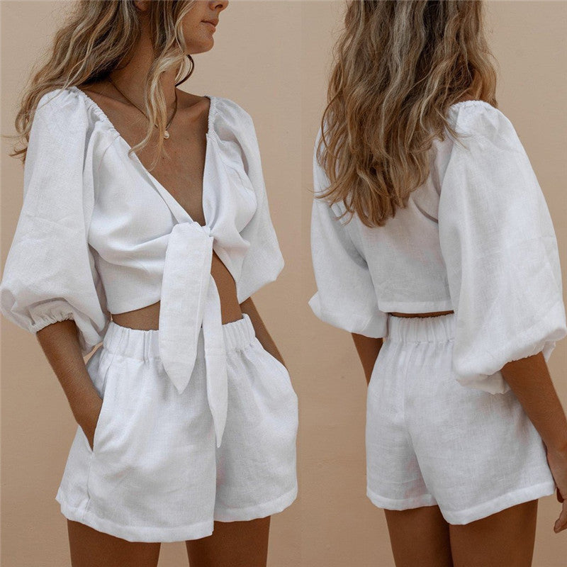 Sleeve Tops Shorts Elastic Waist Wide Leg Short Suit Sets