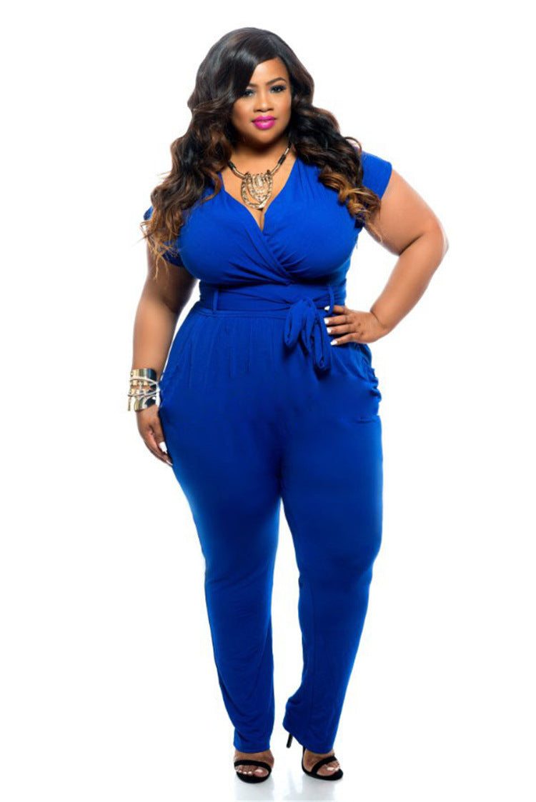 Sexy Plus Size V-neck Women's Clothing Summer Stretch Solid Color Jumpsuit