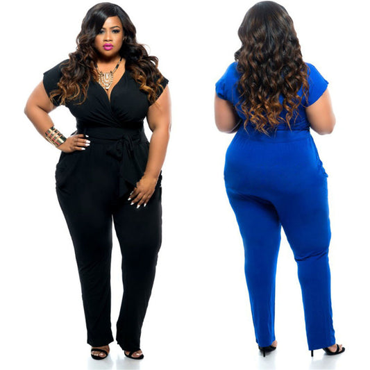 Sexy Plus Size V-neck Women's Clothing Summer Stretch Solid Color Jumpsuit