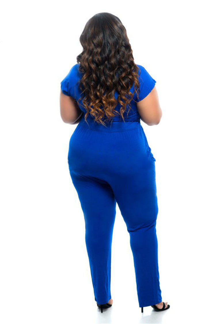 Sexy Plus Size V-neck Women's Clothing Summer Stretch Solid Color Jumpsuit