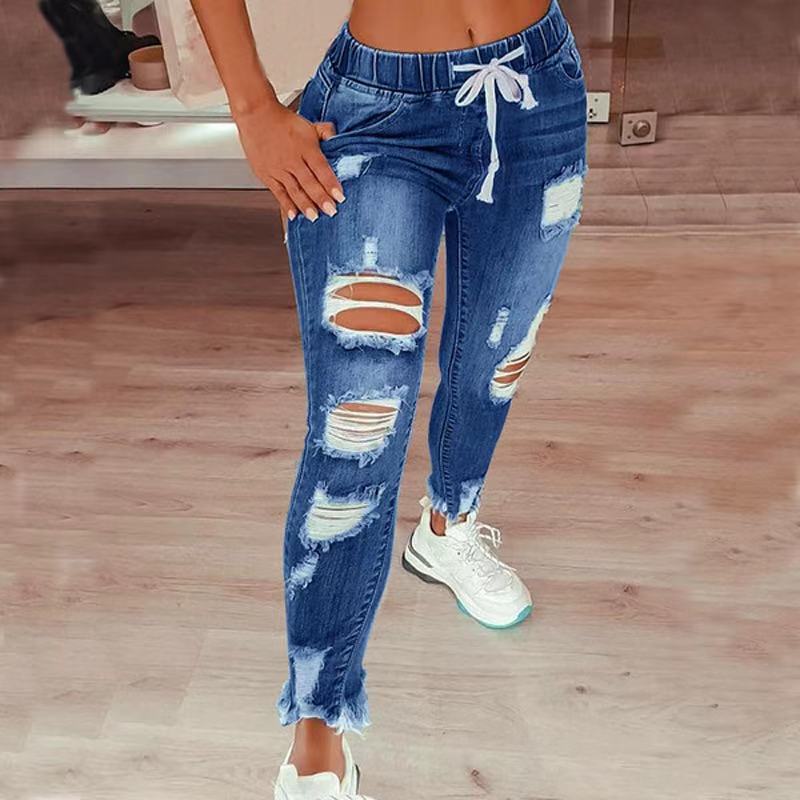 High Waist Ripped Elastic Waist Drawstring Jeans Women Trousers