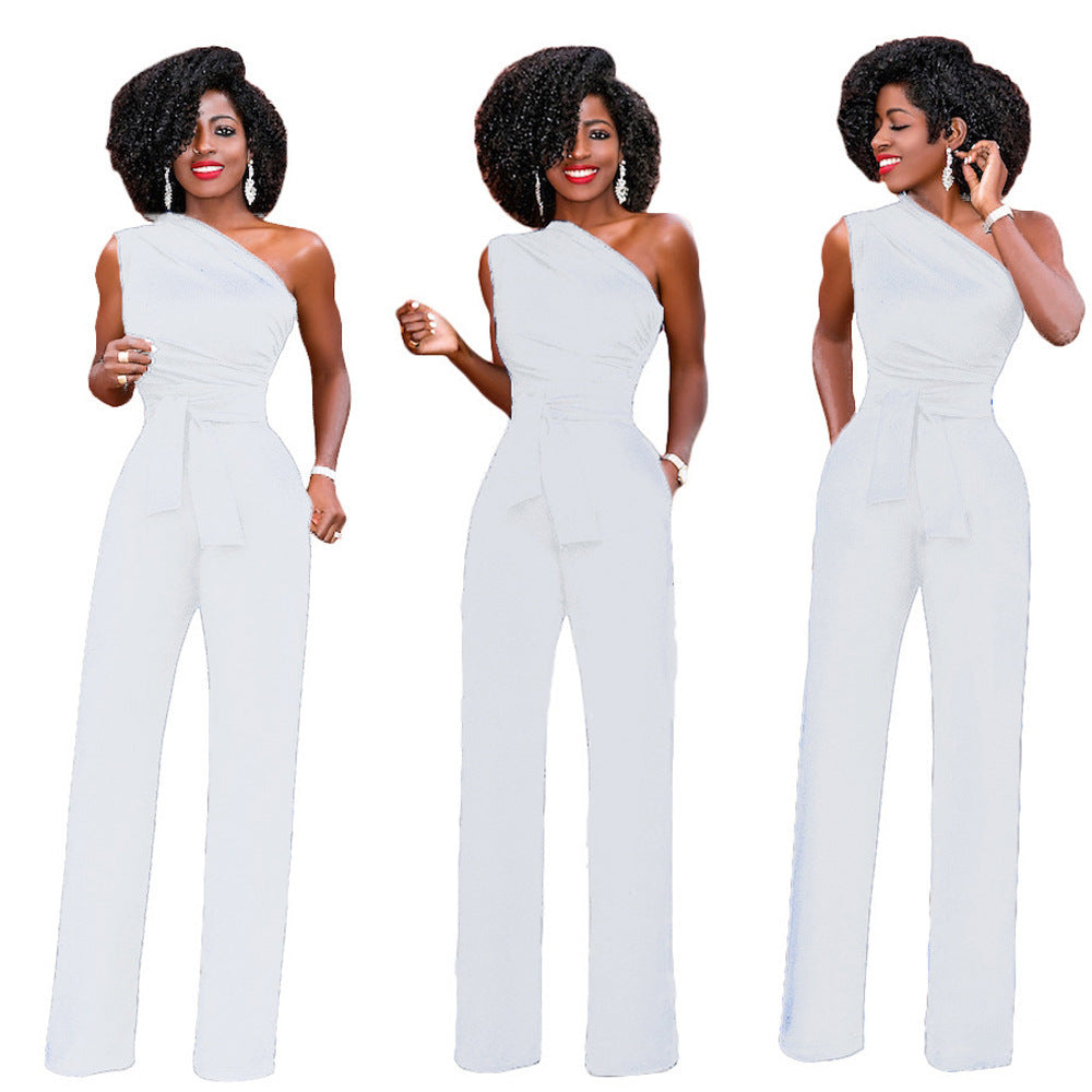 Solid color slant collar button up Jumpsuit