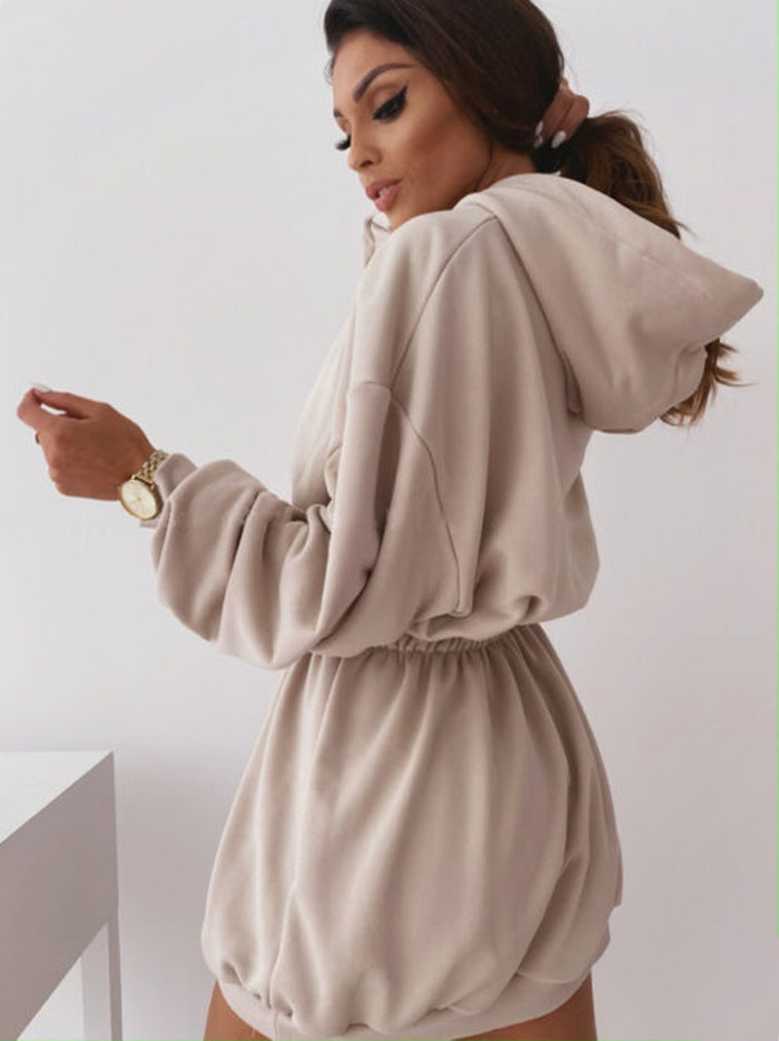 Hooded loose mid-length sweater dress