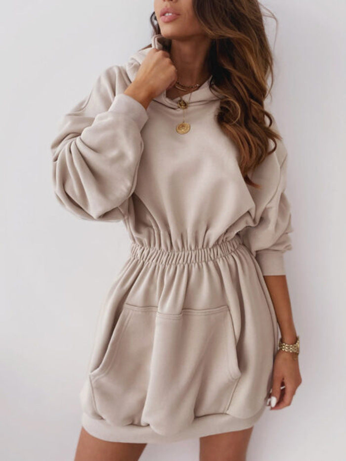 Hooded loose mid-length sweater dress