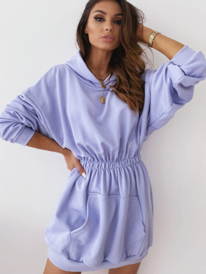 Hooded loose mid-length sweater dress