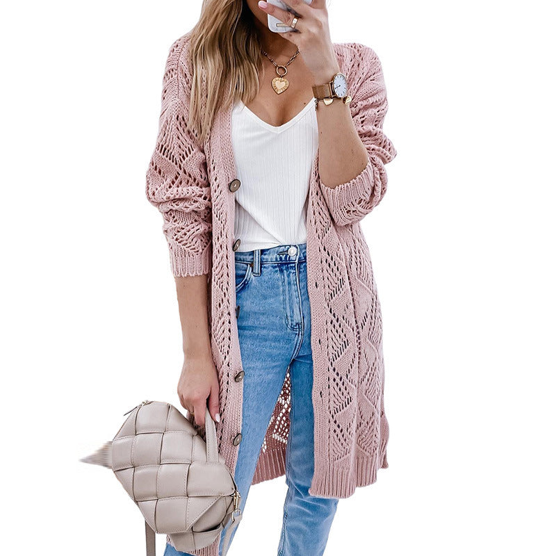 Solid Color Long-sleeved Sweater Women's Hollow-out Long Cardigan