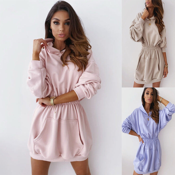 Hooded loose mid-length sweater dress