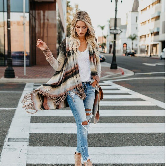 Long Sleeve Fringe Long Plus Size Sweater Coat