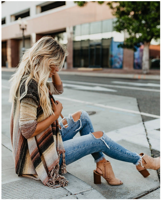 Long Sleeve Fringe Long Plus Size Sweater Coat