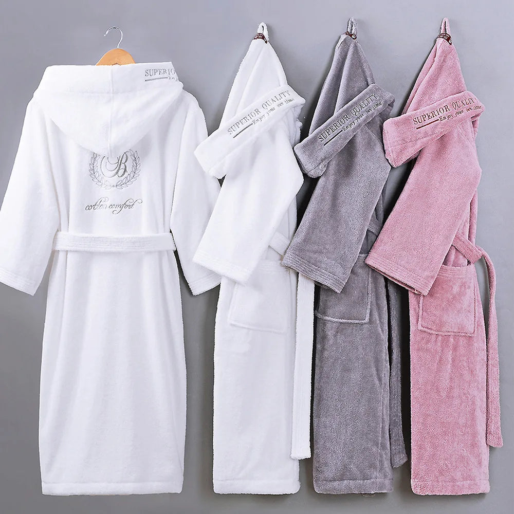 Winter Thick Robe Men Women Toweling Terry Hooded Robe Embroidery Cotton Bathrobe Soft Ventilation Sleeprobe Casual WarmHomewear