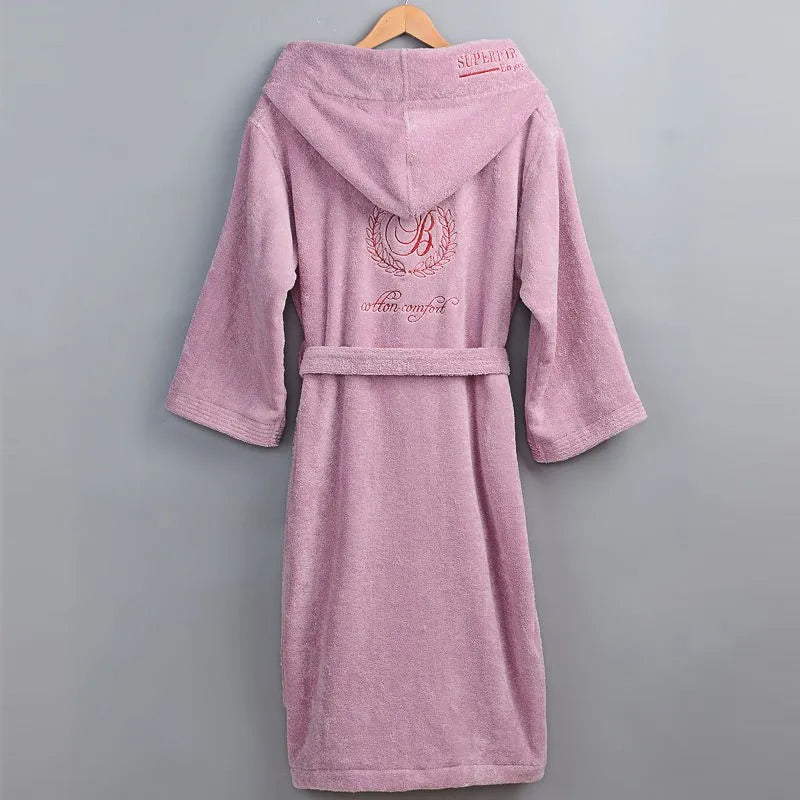 Winter Thick Robe Men Women Toweling Terry Hooded Robe Embroidery Cotton Bathrobe Soft Ventilation Sleeprobe Casual WarmHomewear