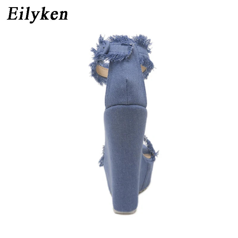 Eilyken Designer Denim Sandals Summer Woman High Quality Wedges High Heels Peep Toe Platform Roman Shoes