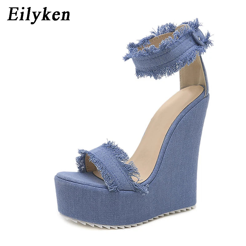 Eilyken Designer Denim Sandals Summer Woman High Quality Wedges High Heels Peep Toe Platform Roman Shoes