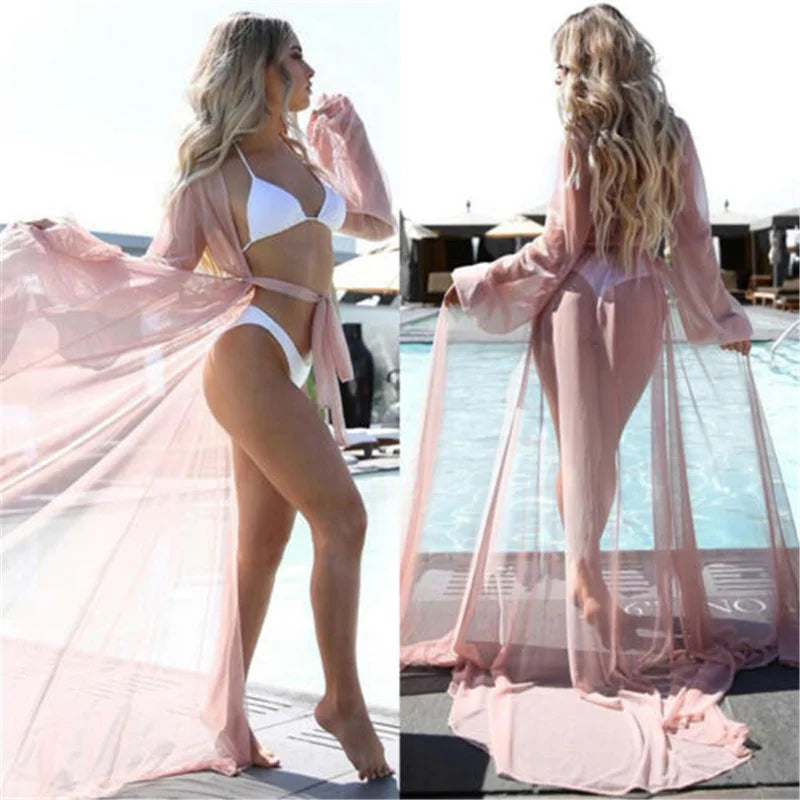 Summer Brand Women Transparent Beach Maxi Dress Swimwear Bikini Cover-up Tunic Chiffon