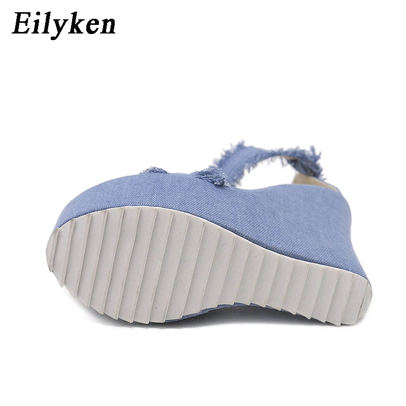 Eilyken Designer Denim Sandals Summer Woman High Quality Wedges High Heels Peep Toe Platform Roman Shoes