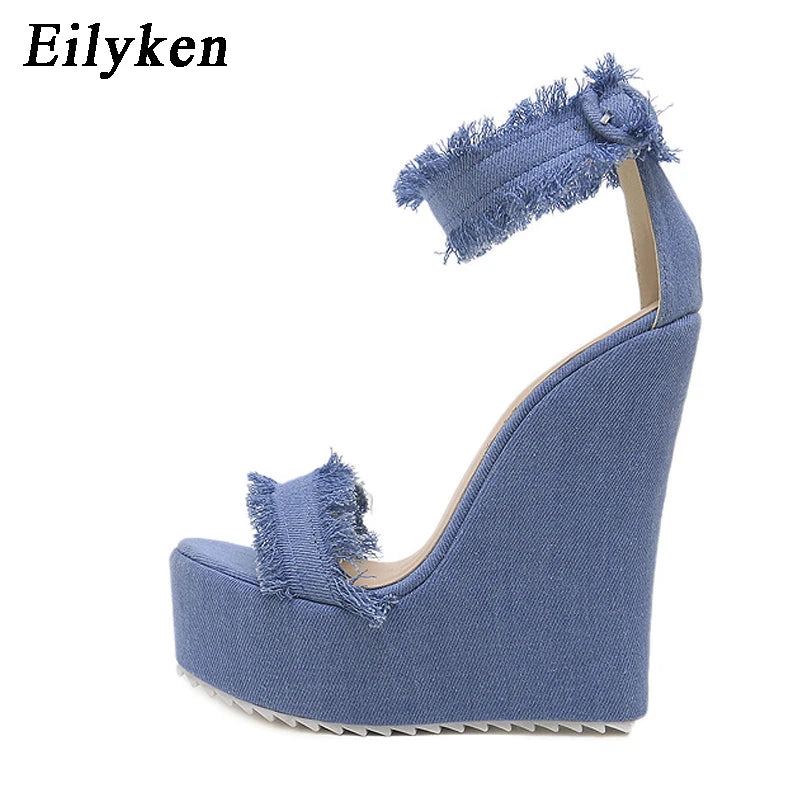 Eilyken Designer Denim Sandals Summer Woman High Quality Wedges High Heels Peep Toe Platform Roman Shoes