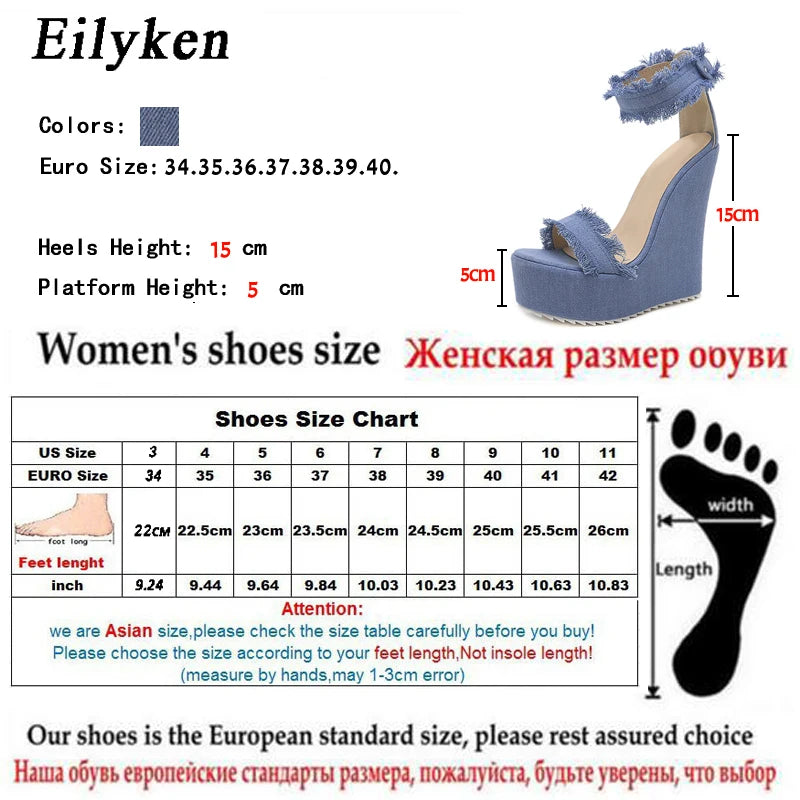 Eilyken Designer Denim Sandals Summer Woman High Quality Wedges High Heels Peep Toe Platform Roman Shoes