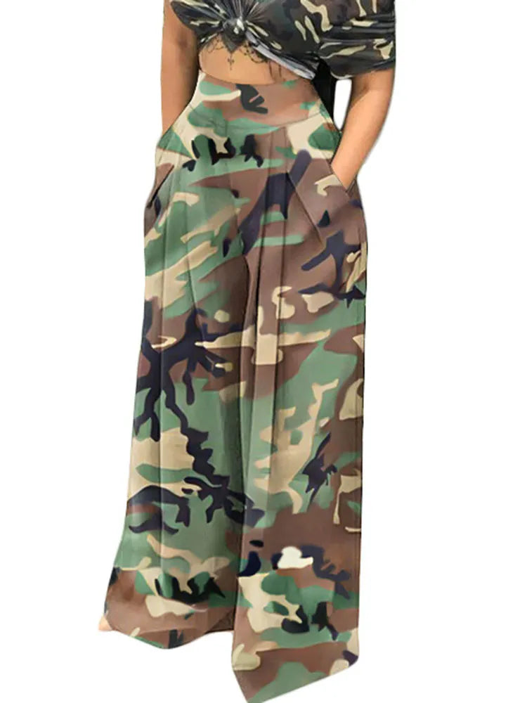 Szkzk New Casual and loose Wide leg pants Women streetwear pocket elastic band leisure high waist printing Camouflage Long pants