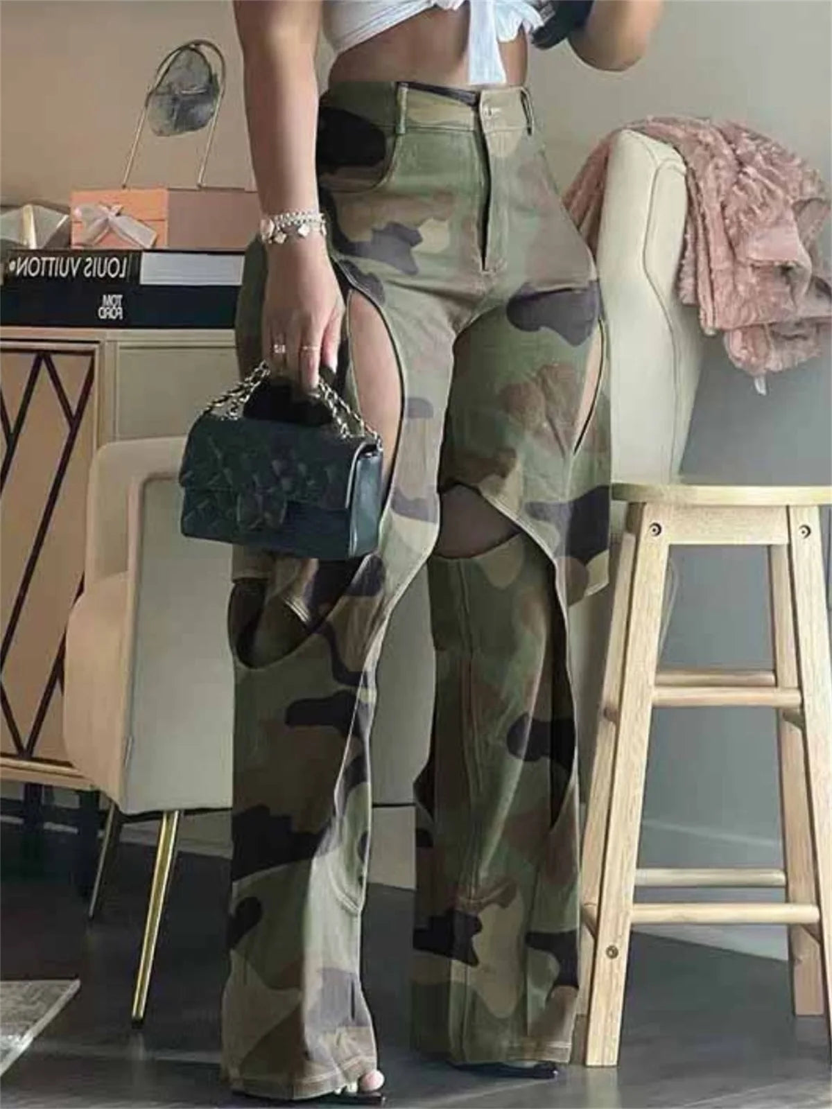 LW Camo Hollow Out Multicolor Pants Casual Loose Camouflage Print Streetwear Y2K Women's Cargo Pants Cutout Wide Leg Trousers