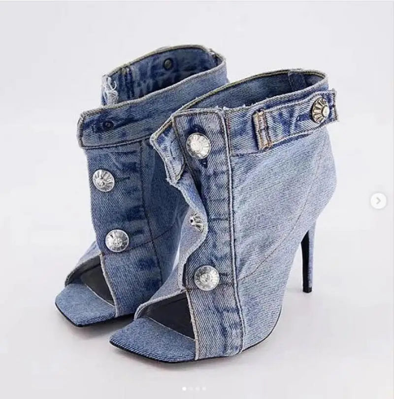 Women's Denim Peep Toe Ankle Boots Stiletto Pull On High Heel Shoes