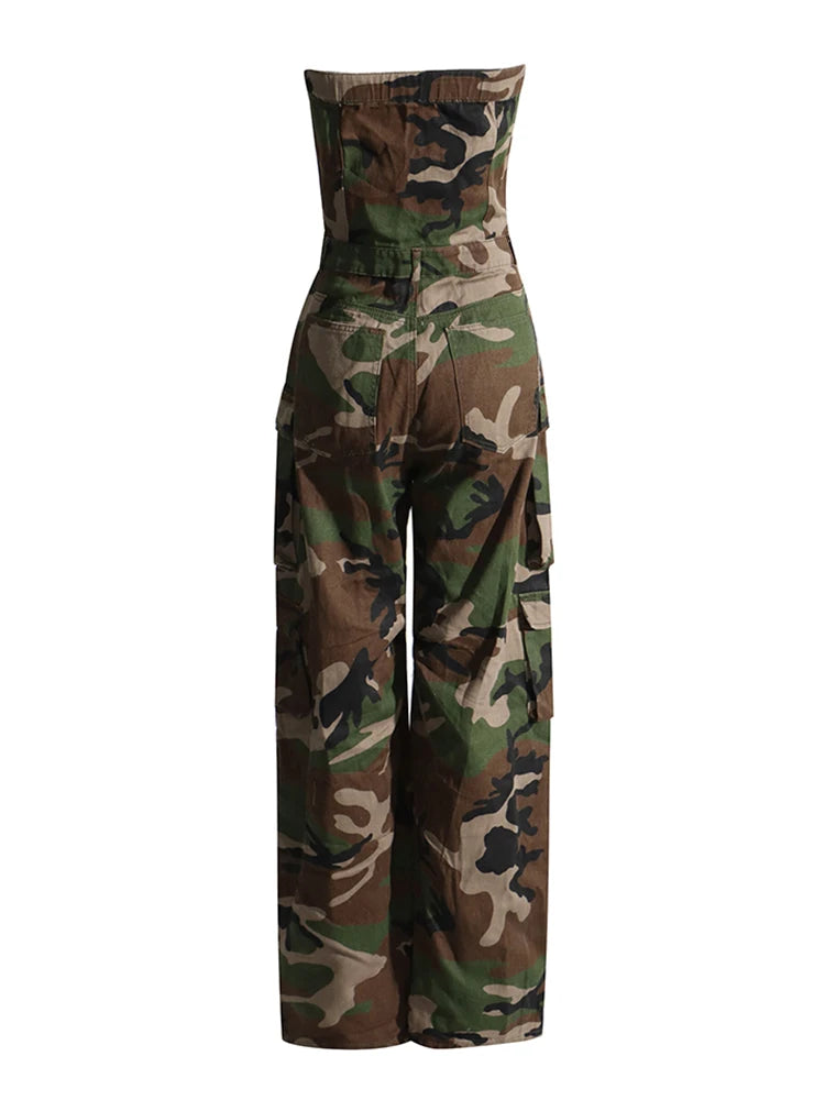 TWOTWINSTYLE Camouflage Cargo Jumpsuits For Women Starpless Sleeveless High Waist Spliced Pockets Streetwear Jumpsuit Female New