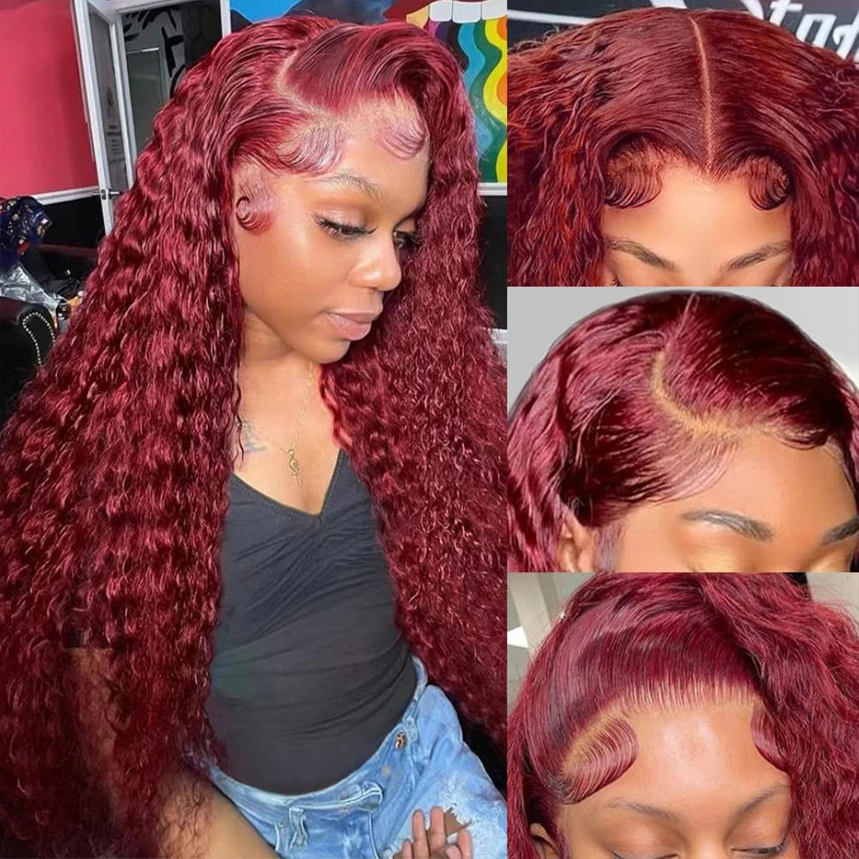 99j Colored Lace Front Human Hair Wigs Deep Wave Burgundy 13x6 Hd Lace Frontal Wig 13x4 Brazilian Glueless Preplucked Curly Wigs