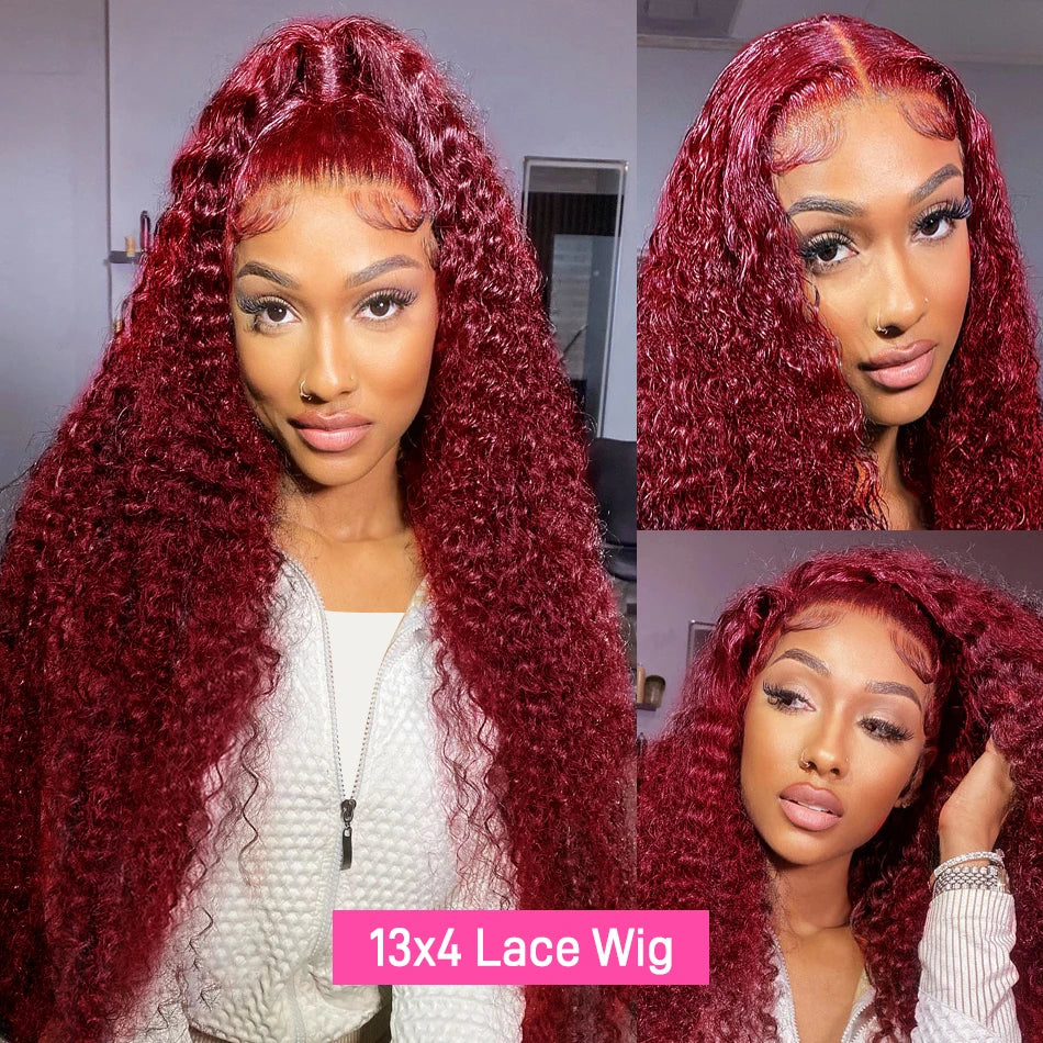 99j Colored Lace Front Human Hair Wigs Deep Wave Burgundy 13x6 Hd Lace Frontal Wig 13x4 Brazilian Glueless Preplucked Curly Wigs