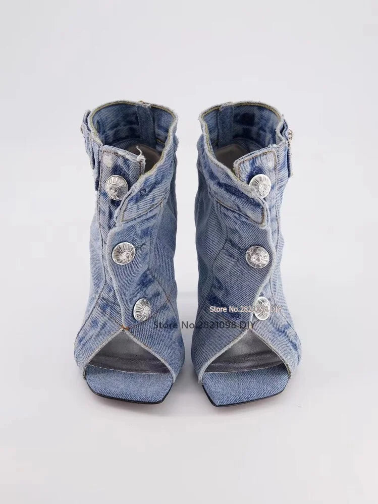 Women's Denim Peep Toe Ankle Boots Stiletto Pull On High Heel Shoes