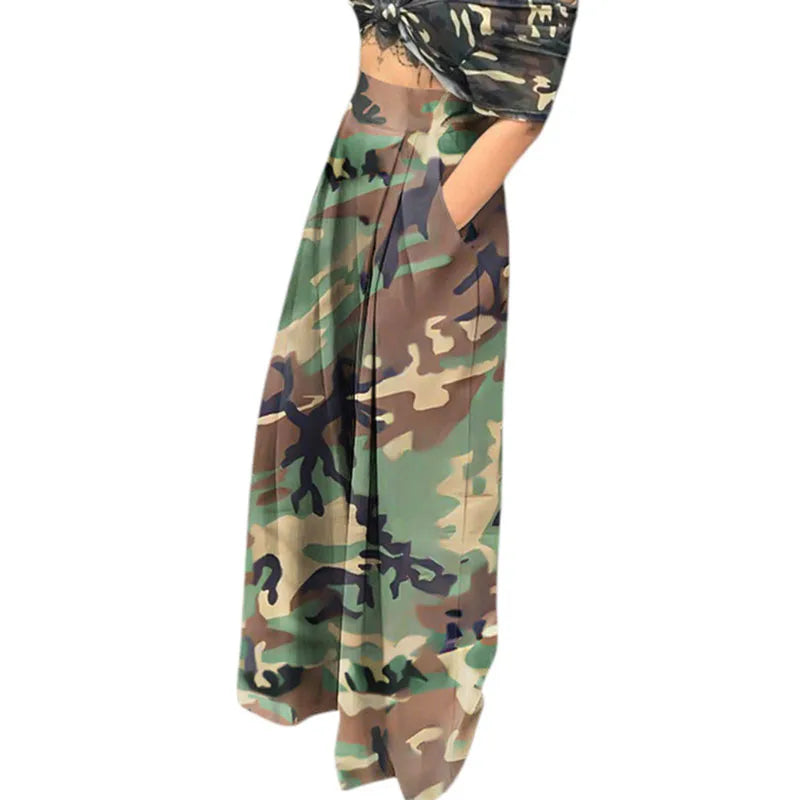 Szkzk New Casual and loose Wide leg pants Women streetwear pocket elastic band leisure high waist printing Camouflage Long pants