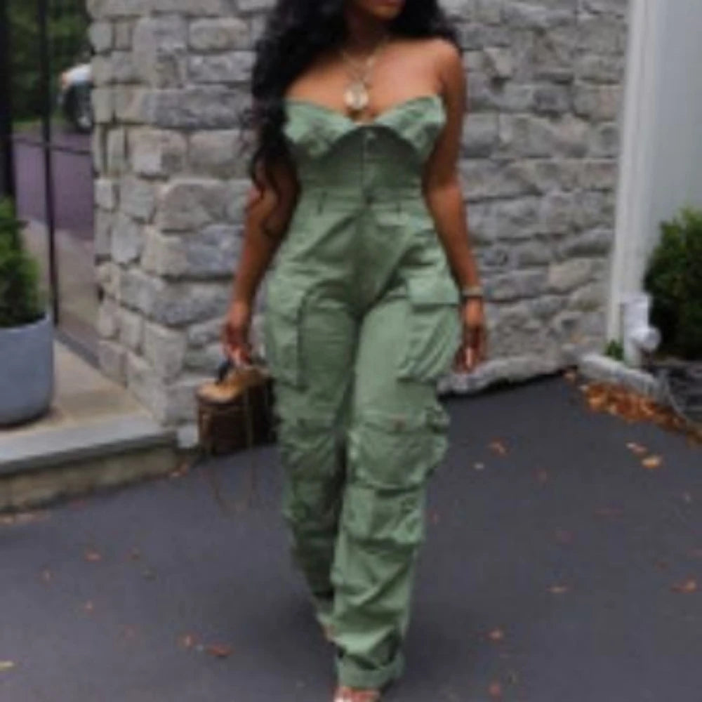 Women Cargo Jumpsuit Sleeveless Strapless Bra Button Romper Autumn Fashion Street Multi Pockets