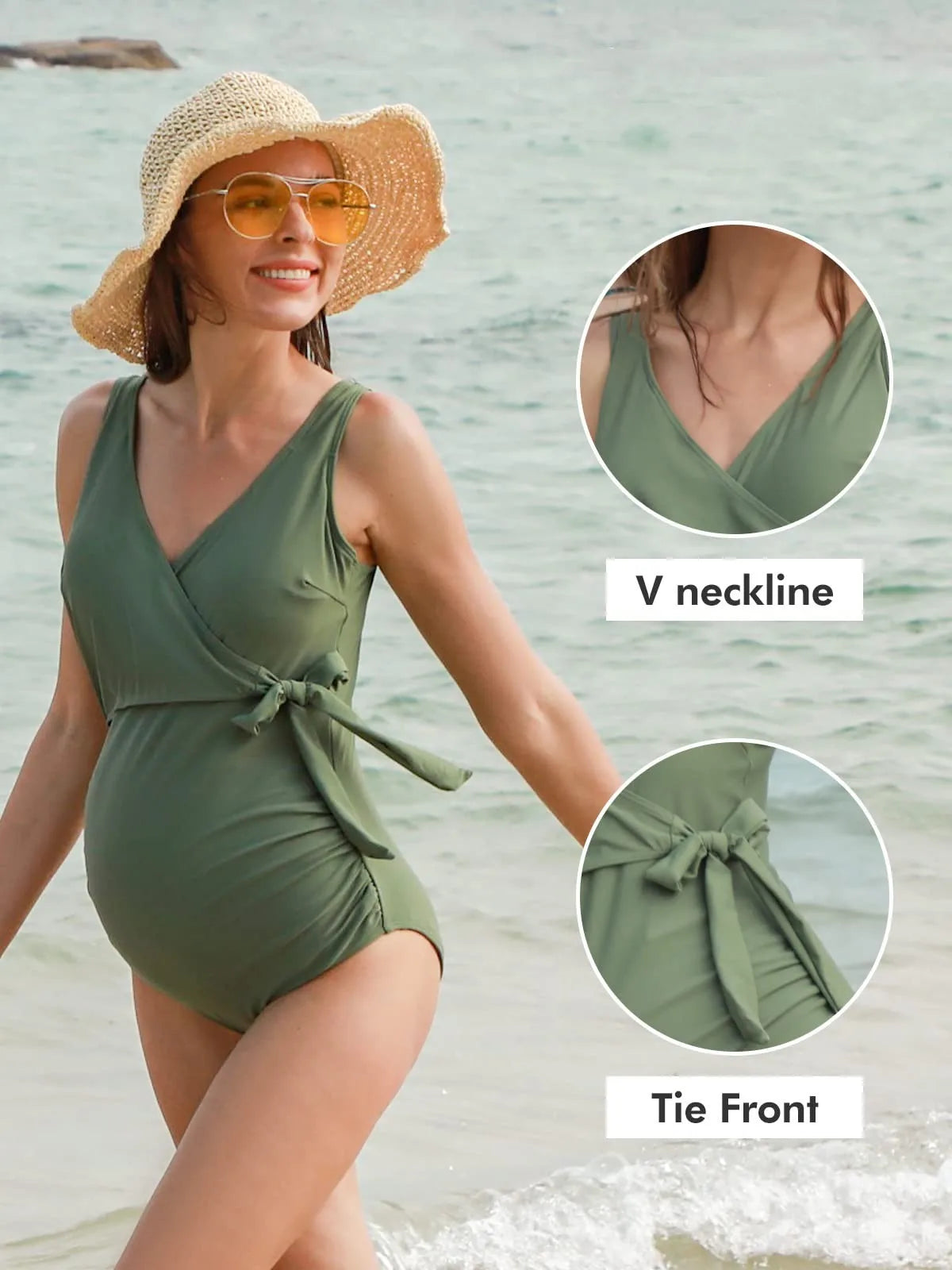 Liu&Qu Maternity Swimsuit One Piece V Neck Pregnancy Swimwear Elegant Tie Front Bowknot Bathing Suit Monokini Summer