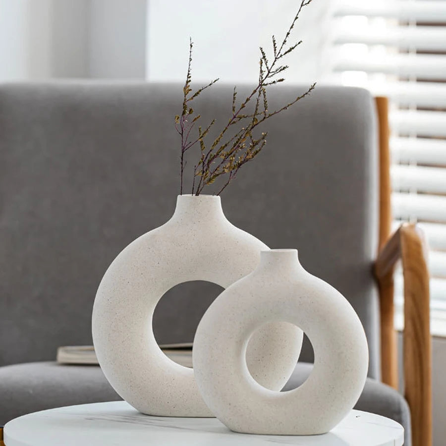 Nordic Vase Circular Hollow Ceramic Donuts Flower Pot Home Living Room Decoration Accessories Interior Office Desktop Decor Gift