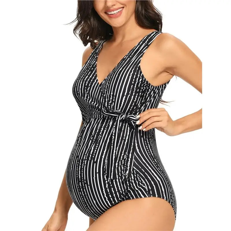 Liu&Qu Maternity Swimsuit One Piece V Neck Pregnancy Swimwear Elegant Tie Front Bowknot Bathing Suit Monokini Summer