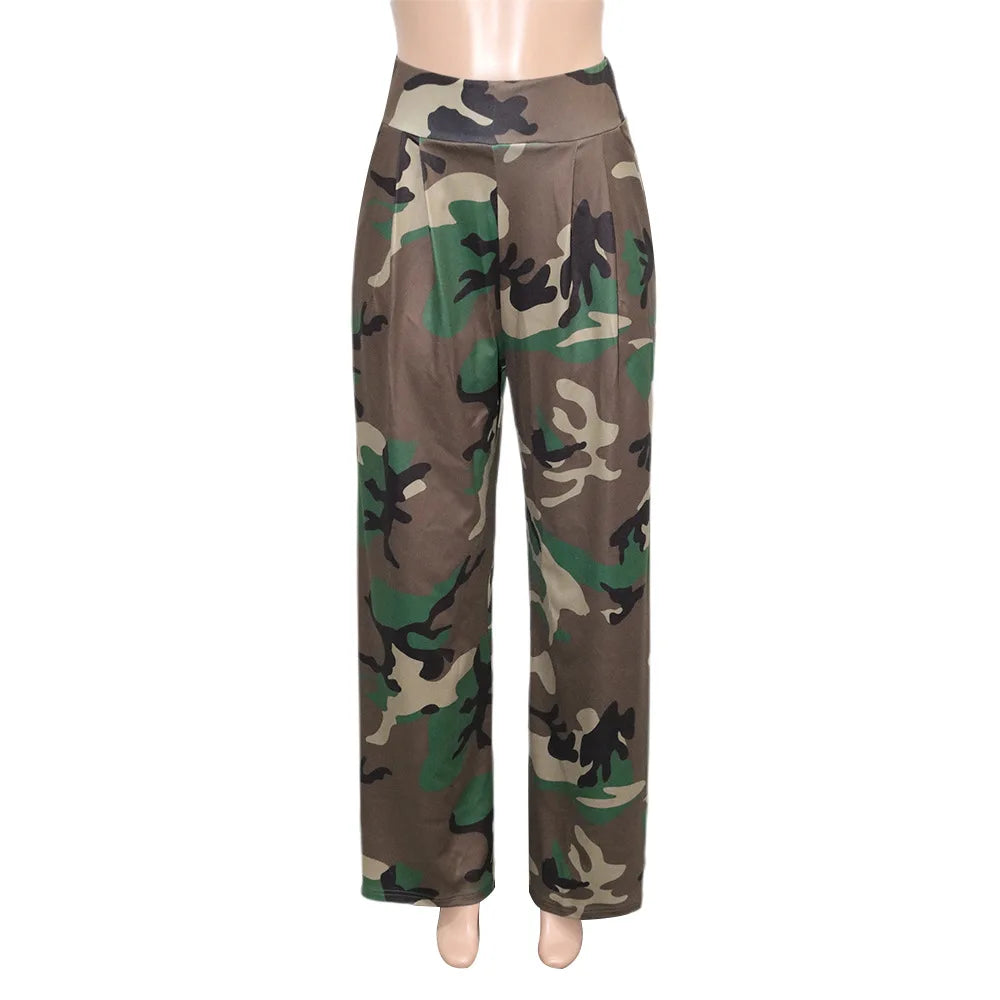 Szkzk New Casual and loose Wide leg pants Women streetwear pocket elastic band leisure high waist printing Camouflage Long pants