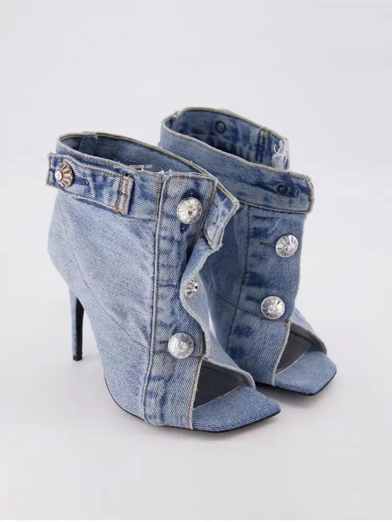 Women's Denim Peep Toe Ankle Boots Stiletto Pull On High Heel Shoes